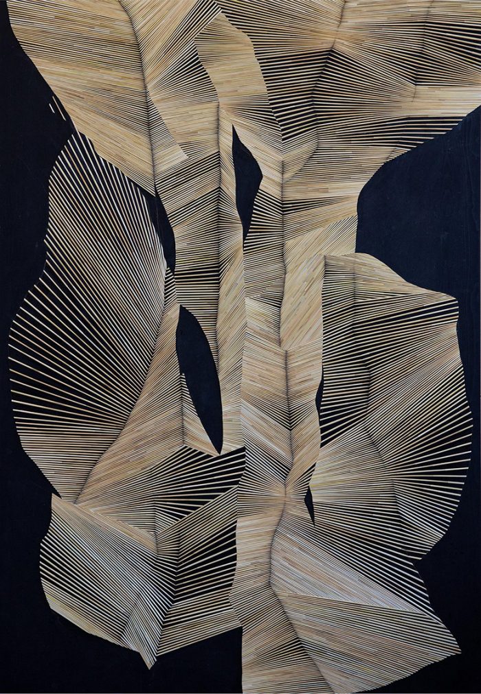 Olaf Holzapfel: Gesteck, 2025, wood, straw, hand-dyed, 210 x 144 cm