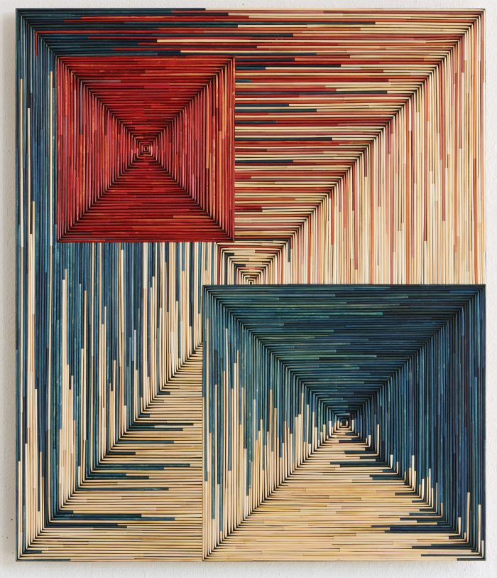 Olaf Holzapfel: Tableau 1, 2019, straw tinted with natural dyes, mounted on wood panel, 88 x 75 cm